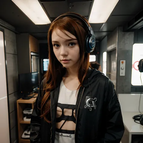 Uma menina de anime de cabelo cacheado curto ruiva com roupa cyberpunk e headphone