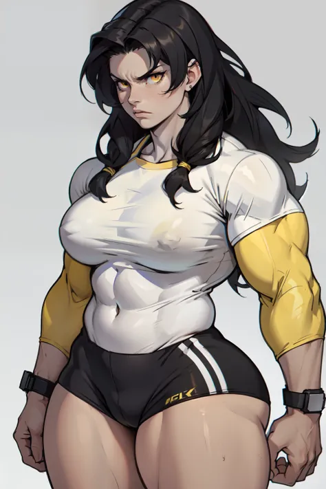 ((1girl)) pale skin large breasts (muscular) toned body thick thighs black hair yellow eyes (long hair grey background) bodybuilder angry tight shirt