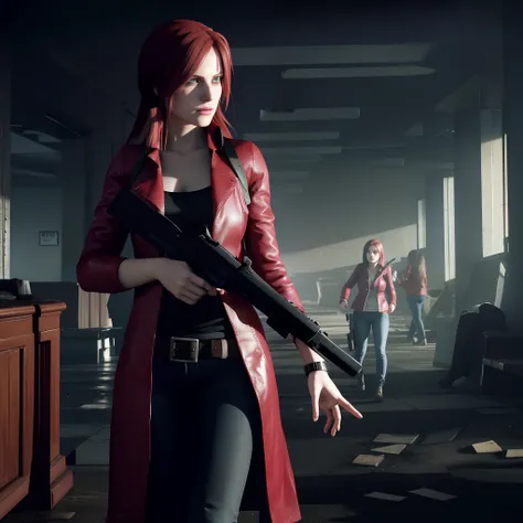 4K, HD, ((Claire Redfield 40 years old)), beautiful face, looking at viewer, very long red hair, perfect Face, black jeans, red long coat with black t-shirt, red nail polish, friendly face, Glare, holding a gun