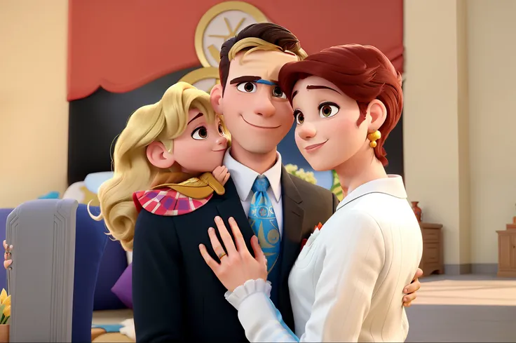 Casal (homem moreno e mulher branca) no estilo Disney Pixar, alta qualidade, melhor qualidade.