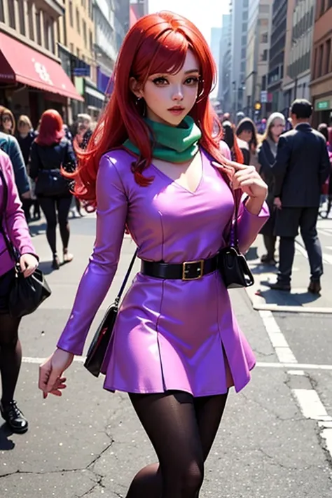 anime style; 3d; glitter; Daphne Blake from Scooby-Doo; red hair, purple mini-dress, pink pantyhose, purple shoes, and a green scarf; 70s fashion reference