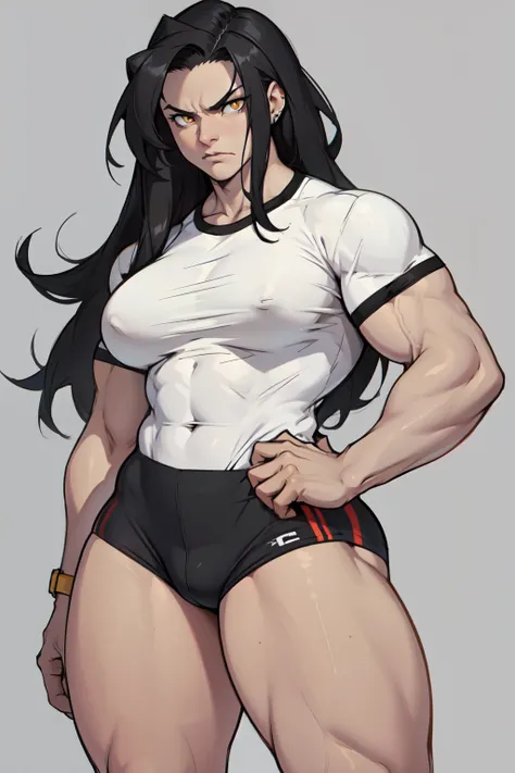 ((1girl)) pale skin large breasts (muscular) toned body thick thighs black hair yellow eyes (long hair grey background) bodybuilder angry tight shirt