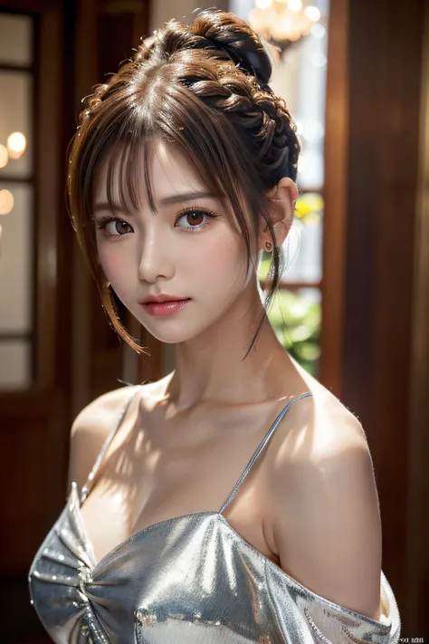 Romantic Off-the-Shoulder Dresses,(Short hair in shiny silver and orange inner colors,Ponytail twisted buns adorned with elaborate braids and beads,Braided Setup Fishbone Hair,),(Bangs are see-through bangs),Beautuful Women,.Perfect face,Proper body propor...