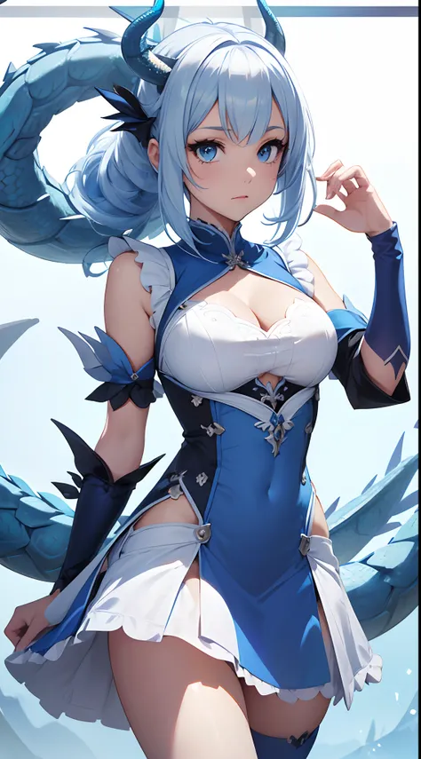 Una chica con vestido azul y pelo blanco al estilo cazador de dragones,Mouint in the air with a big blue dragon, en HD, Hermosa y con un aura poderosa, 4k,(vestido lolita:1.4),(mostrando panties White:1 4),(Dragon White alrededor:1.4)More detailed 8K.motor...