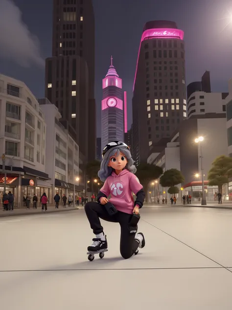 Mulher de cabelo escuro liso, With white helmet and salmon sweatshirt crouches on a rollerblade twister skate in black, em uma cidad Neon ao fundo, com uma cidade em segundo plano, patins, em frente a uma paisagem urbana