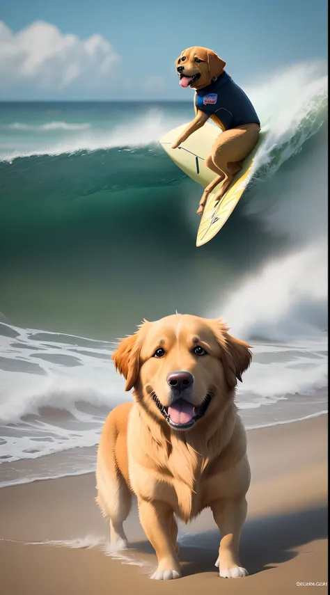 Gere uma imagem de um golden retriever sentado em frente a obras de arte e uma prancha de surf estilo pixar