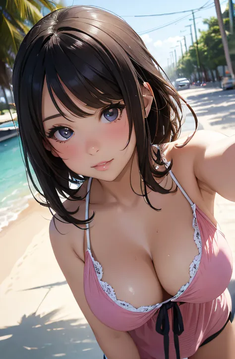 girl in summer clothes, top shot,((selfie)), random background, kiss, beautiful, medium breasts, flirtatious look, ((very detailed)), (perfectly detailed face), (well detailed hand), photorealistic image.