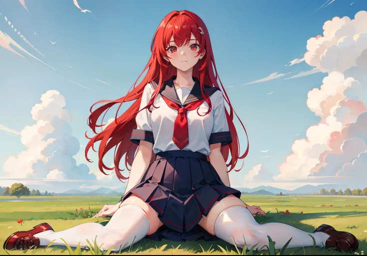 masterpiece,best quality,1girl,red hair, heterocromia,school uniform, cloudy sky, full body, grass,looking at viewer,front, ((straddle)),white stockings