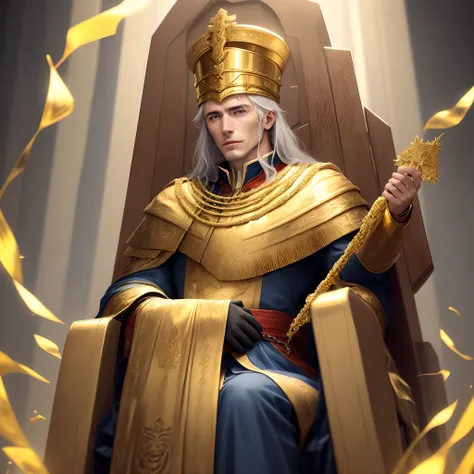 Man on gold throne surrounded by more gold