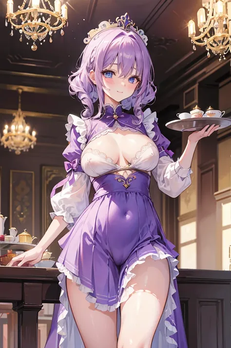 1 girl, light purple hair, curly hair, blue eyes, small eyes, mature face, dropping eyes, big breasts, cameltoe, blurry background, blushed, smile, erect nipples, brown maid uniform, long skirt, antique, chandelier, afternoon tea, glitter