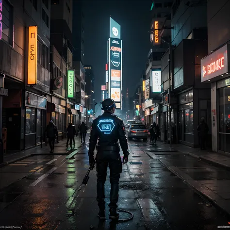 homem cyberpunk, alta resolução, paisagem urbana ultra detalhada e iluminada por neon, horizonte futurista, ruas movimentadas, t...