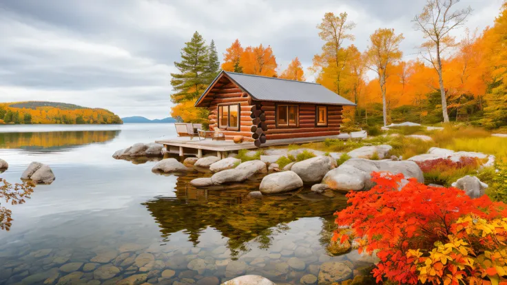 there is a small cabin sitting on a rock in the water, idyllic cottage, lake house, wooden cottage, cabin, autumn tranquility, cottage in the forest, tranquil scene, swedish house, photorealistic landscape, cottage, log cabin, rustic stone cabin in horizon...