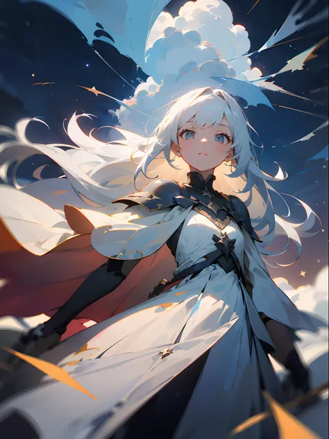 (masterpiece, best quality),1girl with long white hair, night sky , stars , fallen stars , clouds, uphills , white dress, blurry foreground