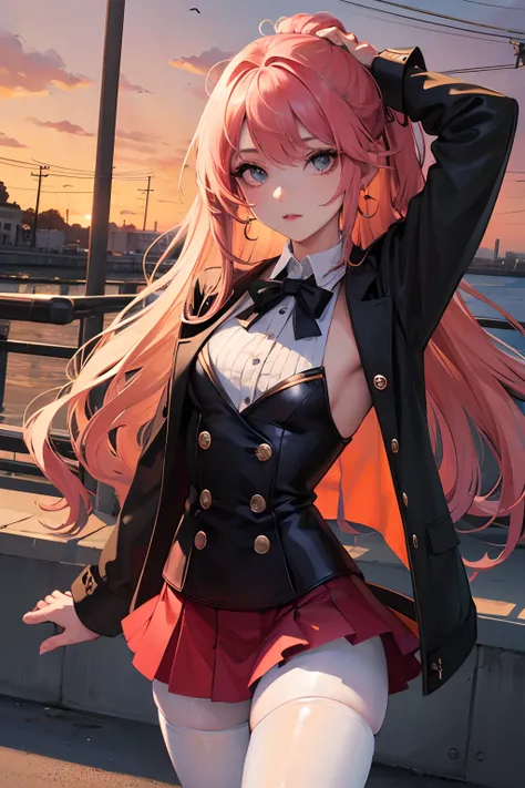 Masterpiece, Best quality, Dusk, Sunset, strong rimlight, Real, Realistic, incredibly_absurderes, sample, Girl, Long hair, alternate hair color, hair between breasts, Wavy hair, view the viewer, Small breasts, Collared shirt , Jacket, Miniskirt, White pant...