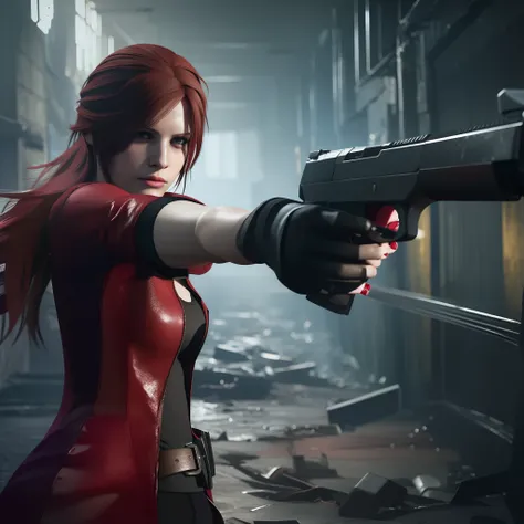 4K, HD, ((Claire Redfield 40 years old)), beautiful face, looking at viewer, very long red hair, perfect Face, black jeans, red long coat with black t-shirt, red nail polish, friendly face, Glare, holding a gun