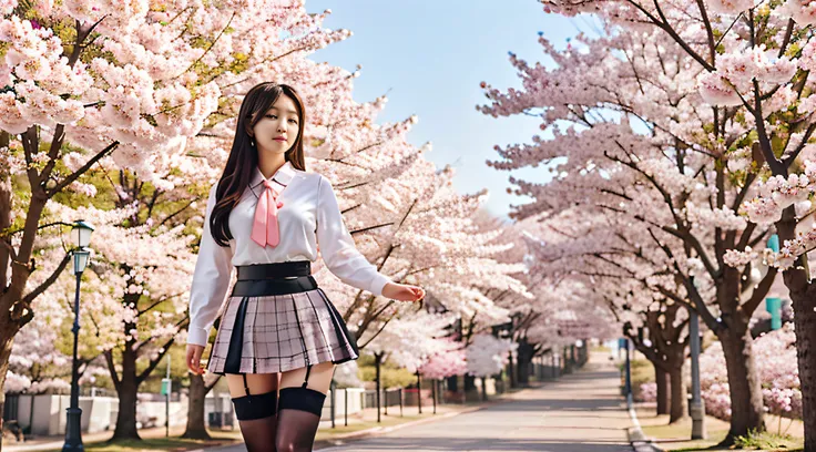 "beautiful 20-year-old Korean woman,(best quality),wearing a full skirt,detailed blouse with tie,and thigh-high black stockings,standing in front of a backdrop of cherry blossom trees"