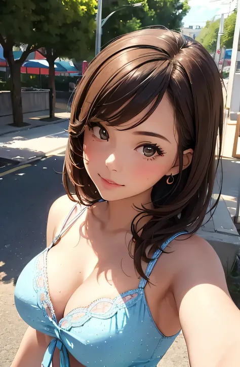 girl in summer clothes, top shot,((selfie)), random background, kiss, beautiful, medium breasts, flirtatious look, ((very detailed)), (perfectly detailed face), (well detailed hand), photorealistic image.