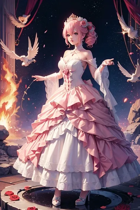 anime style; 3d; rose fusion dress; rose details in the dress; transform rose in dress