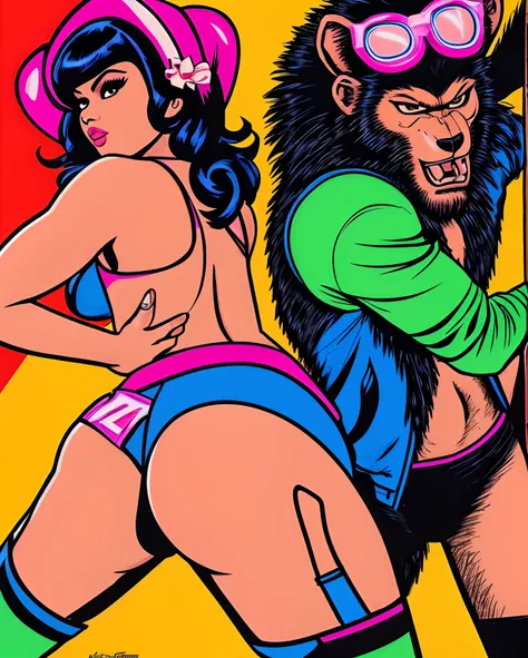 there is a woman, Selena Gomez, posing in front of a poster with a monkey on it, frank kozik, with neon lights, angry high moral sexy werewolf, by Ignacio Zuloaga, burlesque psychobilly, sexy look, bold rave outfit, neon noir, maniac look, inspired by Tada...