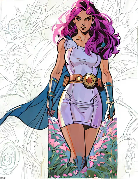 a woman in a blue dress and a cape standing in a field, dinah drake, adam hughes, phil noto, as a retrofuturistic heroine, franc...