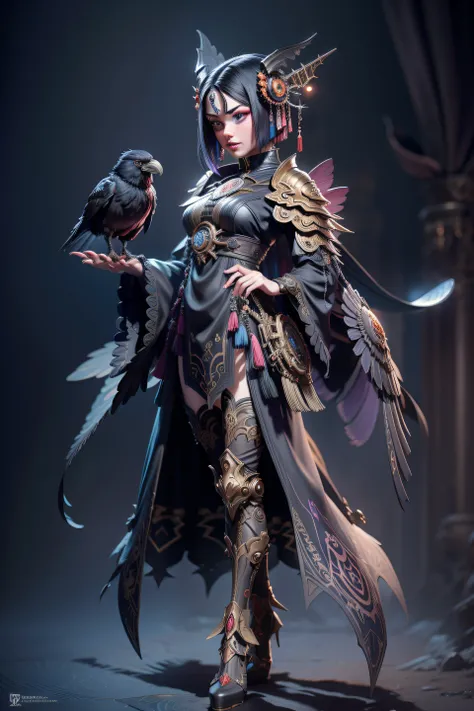 a colorful crow wearing a outsuit in gothic city by artgerm, h. r. giger and beksinski, highly detailed, vibrant, production cinematic character render, ultra high quality model, futuristicsteampunk machine, metal hands, little details, medieval style, RPG...