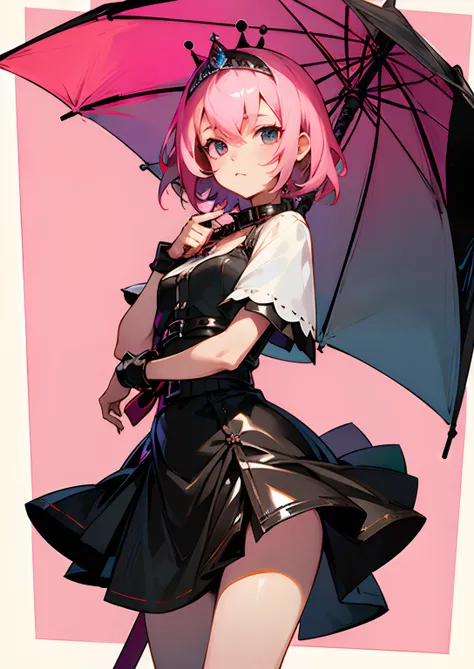 ((masterpiece,best quality))1girl, solo, heterocromia,pink hair,short hair, walking on rain, Collar,Crown tiara,pride, night, leather clothes, looking at viewer, detailed face