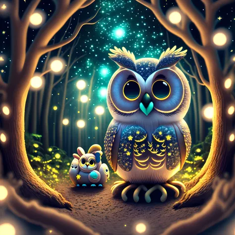 cute owl and cute bunny dating in a magical forest at night with starry sky.  3d animation with lighting from the moon.