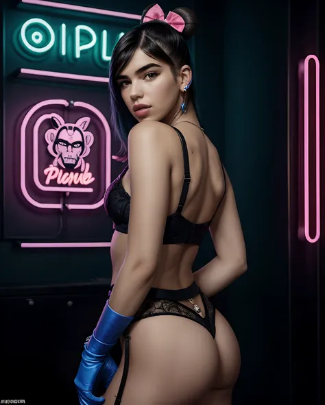 there is a woman, Dua Lipa, posing in front of a poster with a monkey on it, frank kozik, with neon lights, angry high moral sexy werewolf, by Ignacio Zuloaga, burlesque psychobilly, sexy look, bold rave outfit, neon noir, maniac look, inspired by Tadanori...