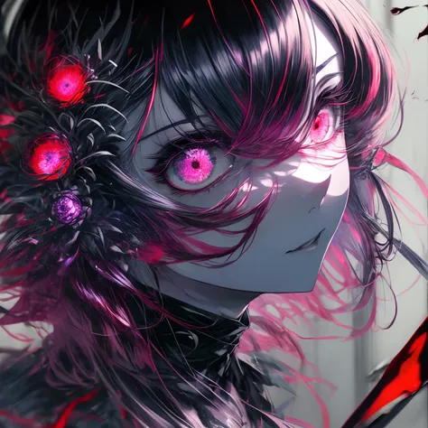 a closeup of  big demonic eyes, compound eyes, Unique demon ghouls, Unusual pupils,Kaneki, Monochrome, Radioactive light, anime2018::1,  neon::1, neon color::1,, Part 1.5, detaled face, ultra quality, Ultra Graphics,  Flowering 1.0, l vampire, depression, ...