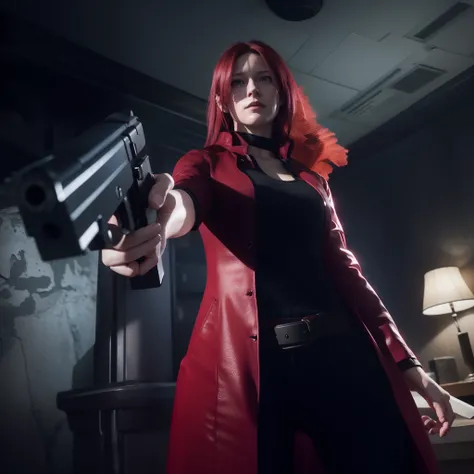 4K, HD, ((Claire Redfield 40 years old)), beautiful face, looking at viewer, very long red hair, perfect Face, black jeans, red long coat with black t-shirt, red nail polish, friendly face, Glare, holding a gun