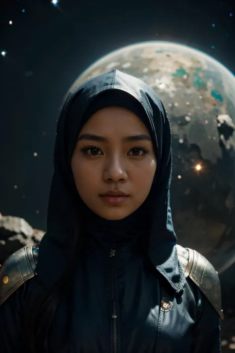 Visualize the Indonesian girl in hijab as a guardian of the galaxy, with celestial elements like planets and stars surrounding her. Use cosmic colors and lighting to convey her role as a protector of the universe, 28mm lens, Establishing shot, High Contras...