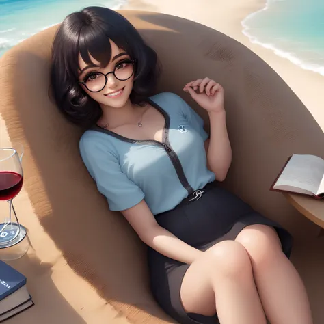 Menina cabelo chanel preto que usa oculos preto e sorriso perfeito, tomando vinho e lendo um livro na praia