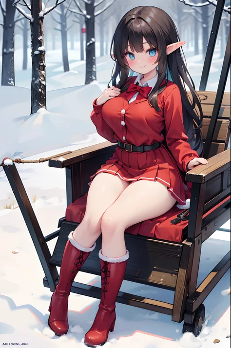 Realistic and detailed image of an elf. She is wearing a Cardigan coat and a red Christmas t-shirt. Christmas pleated mini skirt. Christmas thigh-high boots. Long silky black hair and long eyelashes. Turquoise eyes. Red bow tie. Large breasts, slim waist, ...