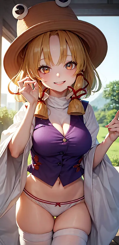 best quality, masterpiece, highres, solo, {moriya_suwako_touhou:1.15}, blonde_hair, hat, ribbon, hair_ribbon, vest, smile, yellow_eyes, bangs, red_ribbon, brown_headwear, purple_vest, sidelocks, short_hair, 1girl, looking_at_viewer, wide_sleeves, giant bre...