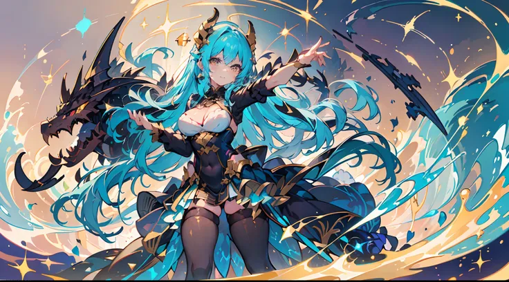 masterpiece,highly detailed,best quaility,illustration,girl,solo,double dark golden dragon horns,bishoujo,detailed lightcyan hair,detailed dark golden eyes,points of light,scattered lightcyan fire,coiled dragon,full body,floating hair,too many scatter spar...