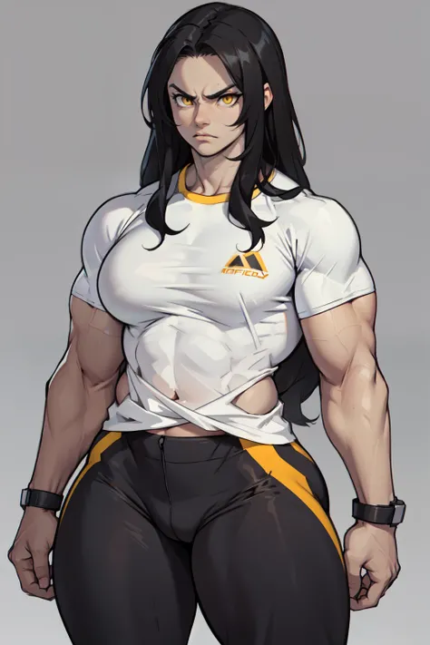 ((1girl)) pale skin large breasts (muscular) toned body thick thighs black hair yellow eyes (long hair grey background) bodybuilder angry tight shirt