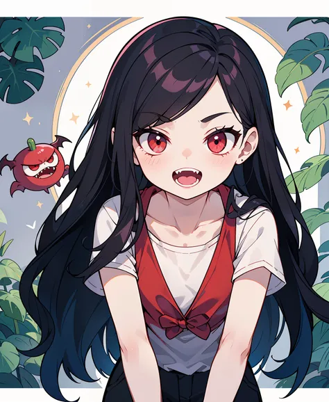 beautiful, masterpiece, best quality, 1girl, 
marceline abadeer, black hair, clothed, clothing, fangs, grey body, grey skin, hair, long hair, looking at viewer, plant, solo, teeth, vampire, adventure time, a-