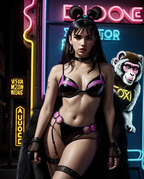 there is a woman, Dua Lipa, posing in front of a poster with a monkey on it, frank kozik, with neon lights, angry high moral sexy werewolf, by Ignacio Zuloaga, burlesque psychobilly, sexy look, bold rave outfit, neon noir, maniac look, inspired by Tadanori...