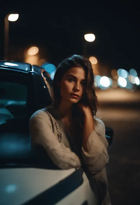 Girl sitting outside of a car at night, blue lights