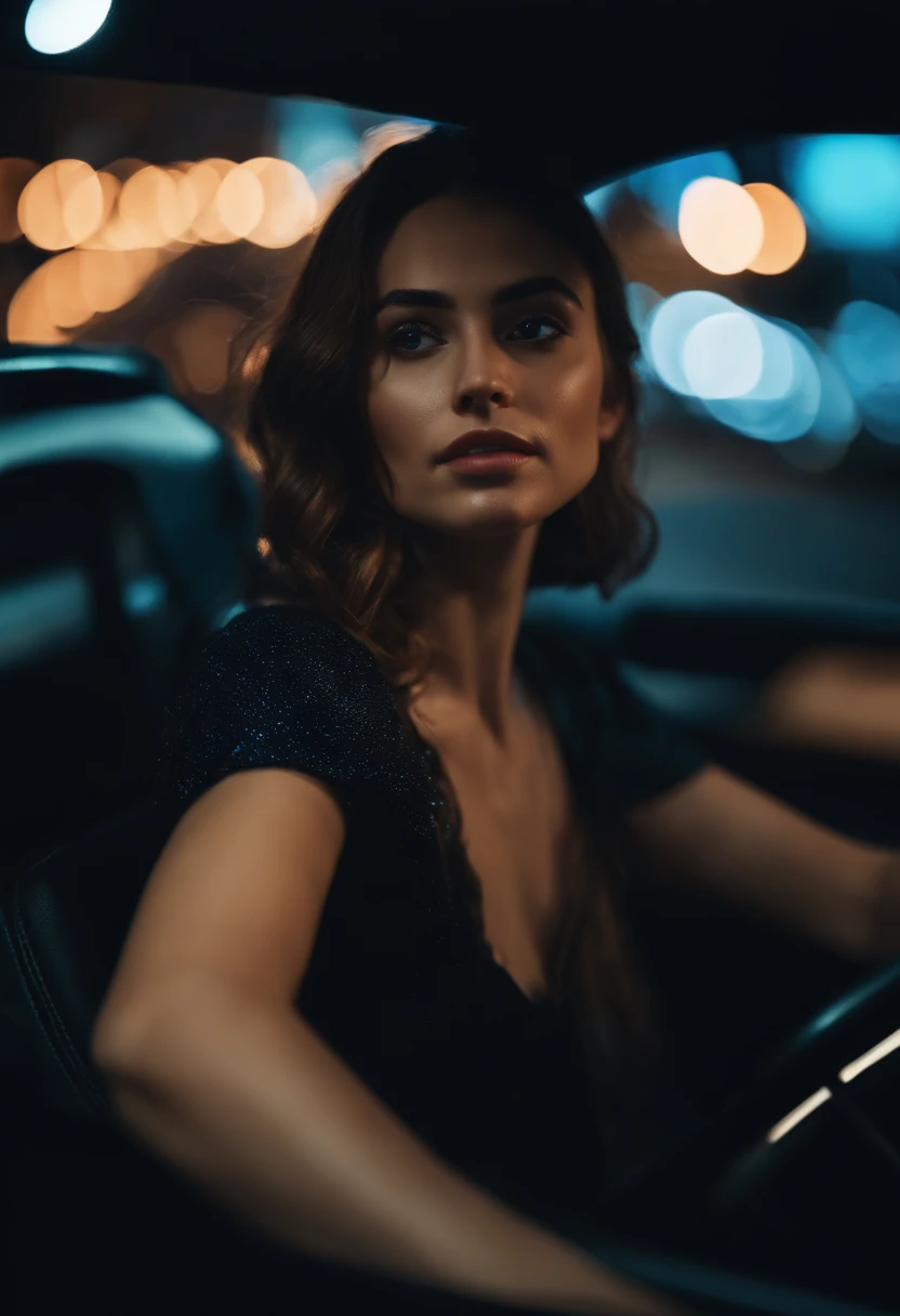 Girl driving a car at night, blue lights, ultra detailed.