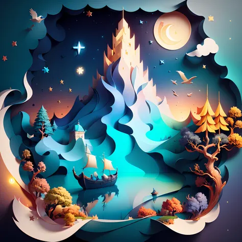 (((masterpiece))),best quality, illustration,  sky, cloud, water, star (symbol), tree, no humans, night, bird, moon, building, star (sky), night sky, scenery, starry sky, watercraft, castle, ship, waves, tower, boat. vibrant color scheme, Soft light,(warm ...