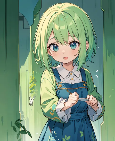 best colors, vibrant, anime screencap, 1girl, glowing expression, excited, indigo and Moss green, pattern background, textured clothing, hairstyle, stylish, precedence