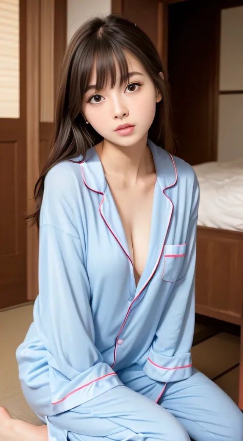 hightquality、​masterpiece、ultra res、a beauty girl、Beautiful girl face、cute girl face、s Pajamas、wearing pajamas、full bodyesbian、Famous actresses of Japan、very beautiful face、chest、A sexy