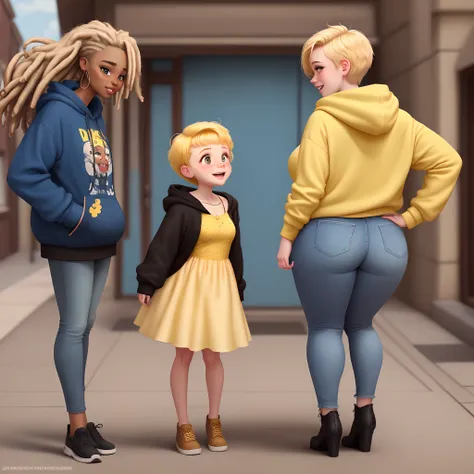 Chunky white girl in a short yellow dress with blonde short hair standing next to a slightly taller skinny black girl with dreads and freckles, wearing a hoodie and blue jeans, they are in love, Pixar, animated