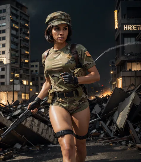 very beautiful female soldier, Latin features, tan skin, short black hair, camouflage military uniform, military shorts, black military cap, cap with Googles, belt with ammunition, hands with black leather gloves, highly detailed hands, carries an advanced...