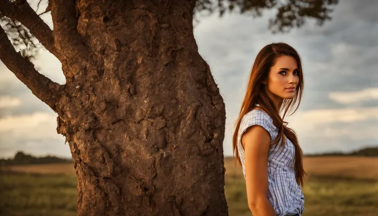 menina da aldeia, plano de fundo do campo, cabelos castanhos claros, rabo-de-cavalo, Sunset, fundo do animal da fazenda, Tarde, beautiful face, olhos negros, camisa quadriculada estampada, camisa xadrez vermelha e branca,jeans marrom, luvas marrons, pele b...