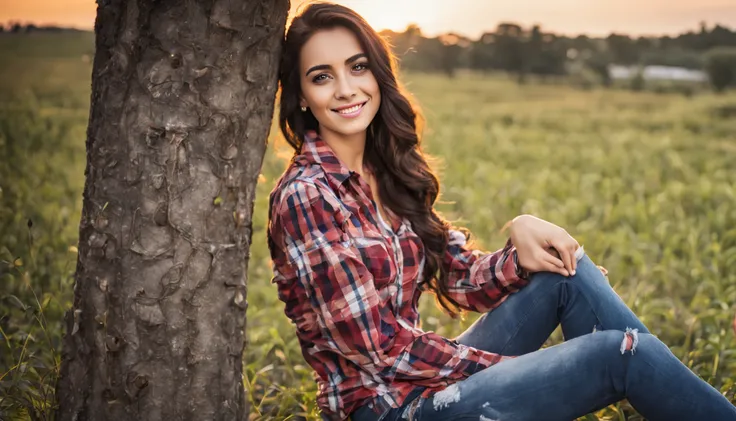 menina da aldeia, plano de fundo do campo, cabelos castanhos claros, rabo-de-cavalo, Sunset, fundo do animal da fazenda, Tarde, beautiful face, olhos negros, camisa quadriculada estampada, camisa xadrez vermelha e branca,jeans marrom, luvas marrons, pele b...