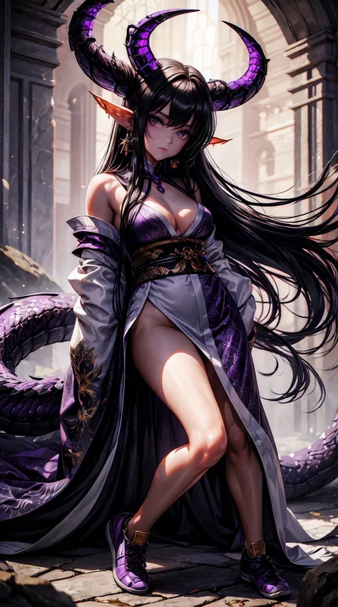 8K, realistic, Ultra High Definition, Super detailed, young girl of 18 years, Shiny detailed hair, purple eyes, large eyes, dragon ears, detailed and shiny eyes, detailed face, dragon aesthetic, fantasy landscape, solo, looking at viewer, {{best quality}},...