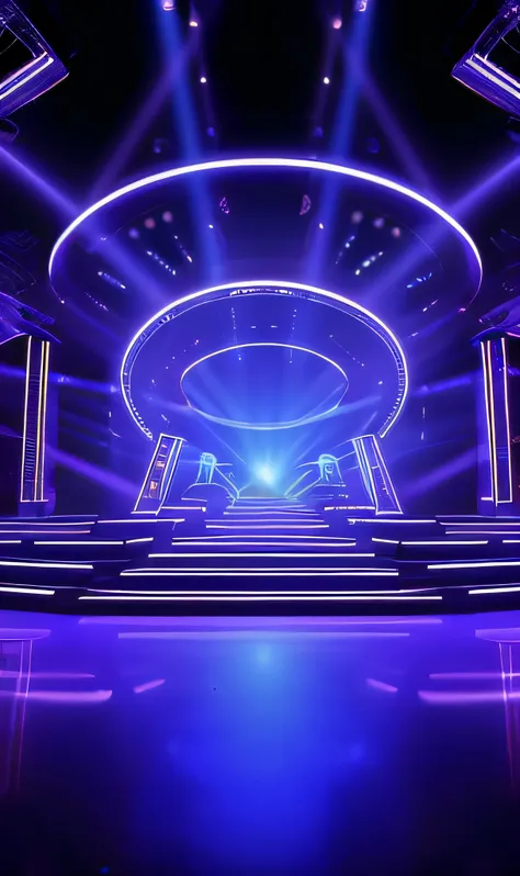 Close-up of the stage，Bright light shines from the ceiling, virtual set, Stage background, Futuristic setting, Stage Liggett, Game Showcase, television show, Neon and spotlights, futuristic hall, Spaceship corridor background, purple scene lighting, surrea...