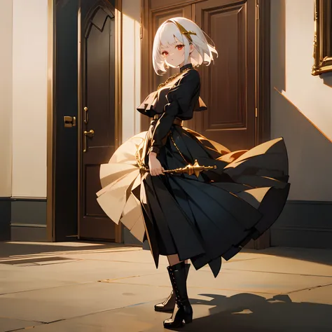 1 girl in, In front of a heavy door,short white hair, better shadows, Better light, Improved facial detail, Red Eyes, Black airy blouse, Pleated black skirt with gold chain, Leather boots.active movement